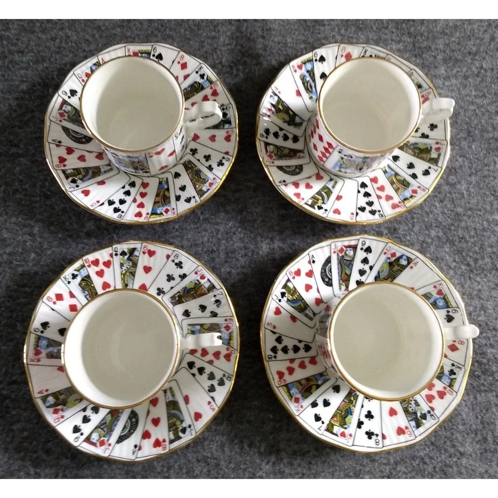 Elizabethan Playing Cards‎ Demitasse Cup & Saucer Set/4 Cut for Coffee England